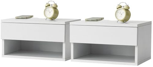 LYNCOHOME Wandregal mit Schublade, Nachttisch Nachtkommode Hängend, Nachttisch Wandmontage, Wandschublade, Wandboard Schlafzimmer, Weiß, 2er Set