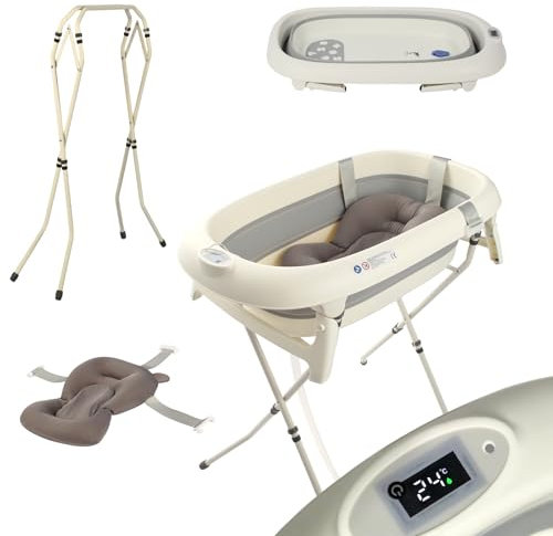 Bañera plegable para bebé, con soporte de acero, termómetro integrado, cojín ergonómico y manguera de drenaje, diseño de delfín, compacta y portátil, para 0-3 años, gris