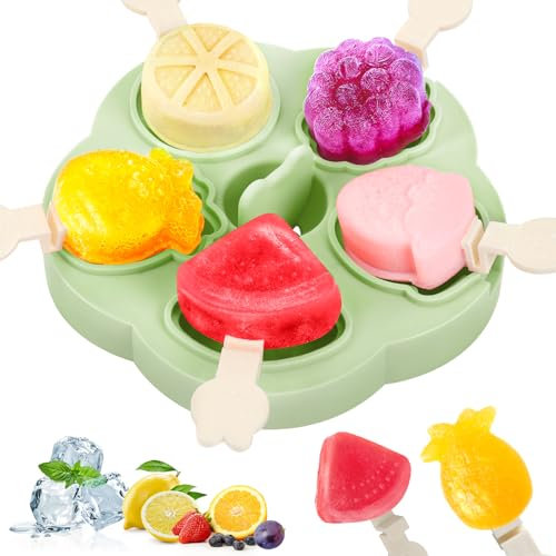 PITMT Moldes para Helados Silicona, 5 Piezas Moldes Helados sin BPA para Niños y Bebés, Mini Molde Helado Patrón de Frutas con Tapa y Palito, Reutilizable Casero Molde Helados