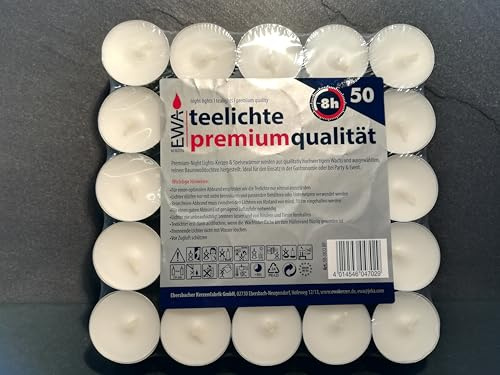 EWA Teelichter in Premium Qualität mit 8 Stunden Brenndauer - Kerzen in Weiß mit Silberschale für Windlichter, Gastro/Gastronomie & Weihnachten (4)