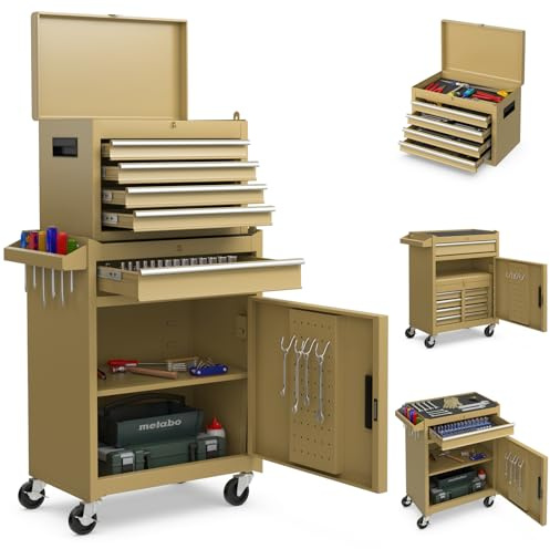 COSTWAY Servante d'Atelier à 4 Tiroirs avec Coffre Outils Amovible (Jaune) | Caisse à Outils Roulante avec Armoire de Rangement, Étagère Réglable et Doublure Antidérapante pour Garage Atelier
