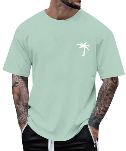 Men's Oversized T-Shirt, Black Printed Palm Tree Shirts, Cotton Loose Sports Shirt, Beach Short Sleeve Top, Outdoor Short Sleeve Tops, Men's Sports Shirt, Loose Casual T-Shirts, Green, XXL