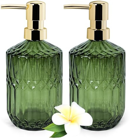 2 Pcs Glass Soap Dispenser with Pump, 13.5 Oz/400 ml Washing up Liquid Dispenser, BPA Free Refillable Non-slip Pump Bottle for Shampoo, Shower Gel in Bathroom, Countertop, Kitchen, Laundry Room, Hotel