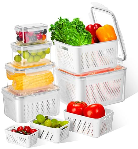 VINATO Set 6 Contenitori Frigo con Cestello Scolapiatti, (0.38+0.8+1.7+3.15+4.15+6.2L) Scatole Ermetiche da Frigo, Scatola per la Selezione Delle Verdure per Microonde/Lavastoviglie