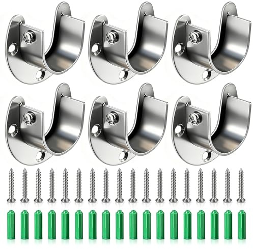 6 soportes en U para armario, 22 mm, soportes para barras de armario, barra con brida de acero inoxidable, con 18 tornillos y 18 tapones de goma, utilizado para armario, barra para colgar ropa