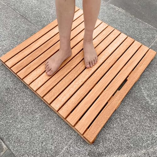 Caillebotis en Bois Naturel pour Salle de Bain, Tapis de Douche et de Baignoire antidérapant avec Pieds en Caoutchouc, pour Sauna et terrasse de Piscine pour pièces humides(30x35cm/12x14in)