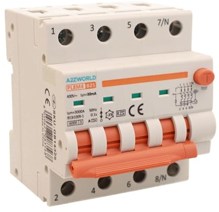 Interrupteur différentiel magnétothermique triphasé 380 V Type A 25 A B25, 4P Réels (NO 3P+N), Courbe B 6 kA 30 mA, Double Levier avec Diagnostic Visuel, 4 Modules DIN, Série PL8M4