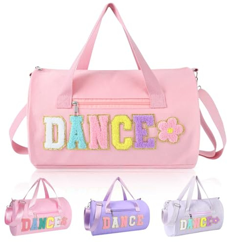 Dance Bag for Girls, KUIRAN 23L Travel Duffel Bag with Colorful Chenille Letter, Lightweight Small Gym Sport Ballet Weekender Bag with Large Main Compartment - Baby Pink