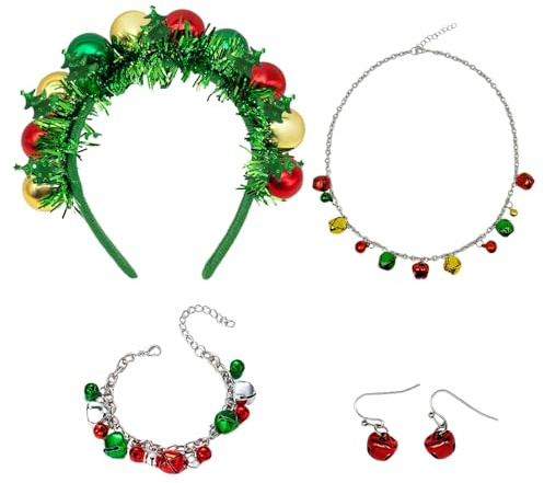 SAIIURV 4 Stück Weihnachtskostüm Damen Mädchen Weihnachten Haarreif Weihnachts Kopfschmuck Weihnachts Halskette Armband Ohrringe für Party Weihnachten Karneval (4 Stück)