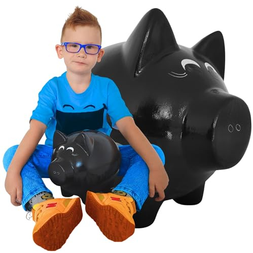 Schwarz Sparschwein XXL Sparbüchse Keramik handbemalt – große Spardose ohne Öffnung zum Zerbrechen – originelle Geldgeschenk Idee für Erwachsene & Kinder, Hochzeit, Geburtstag, Konfirmation,