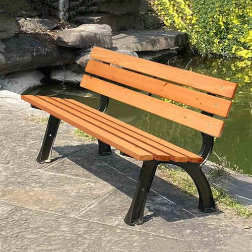 Väderbeständig trädgårdsbänk i trä, utomhus parksits, 120 cm/47,2 tum uteplats päls med ryggstöd för veranda och balkong, brun trädgårdsbänk
