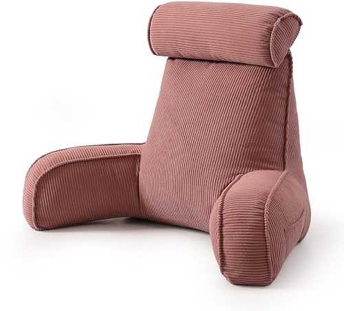 Ailuteie Corduroy Reading Pillow with Arms & Detachable Neck Roll, Bed Rest Back Support, Adult Cushion for Sitting Sofa & Floor, Side Pockets & Washable Cover, Brick Brown