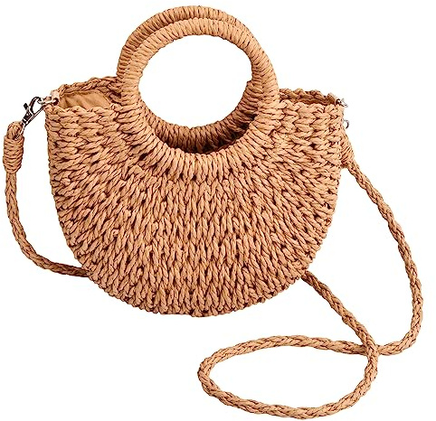 Mapille Bolso de Paja Mujer Verano, Bolso Playa Tejido con Correa y Cierre de Cordón, Pequeño Estilo Boho para Vacaciones, Viaje y Uso Diario, Rafía Marrón