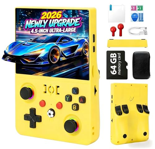 Blidinner 2026 NEW Upgrade R36MAX Ⅱ Retro Handheld Video Game Console-4.5 Inch Ultra-Large Screen,Support 18000+ Classic Games,64G TF Card,Linux System,4000mAh Battery,Birthday Gift for Friends-Yellow