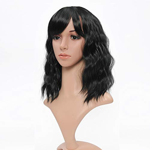 VCKOVCKO Kurze gewellte Perücken Bob Perücken mit Pony Schulterlänge Kurze Perücke Curly Wavy Synthetic Cosplay Perücke Pastell Bob Perücke für Mädchen Bunte Kostüm Perücken (12,Schwarz)