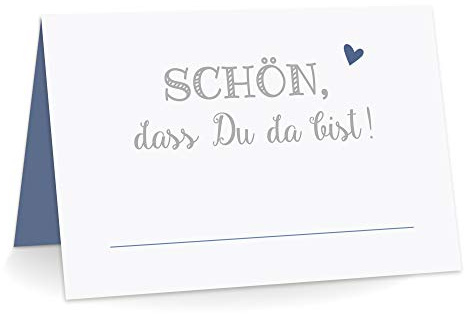 KuschelICH Premium Tischkarten Schön DASS Du da Bist mit Herz Platzkarten zum selbst Beschriften (Blau, 50)
