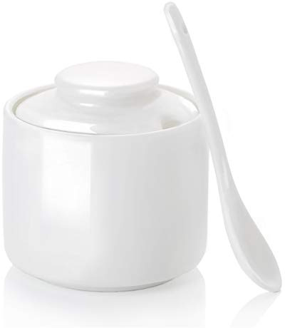 ONTUBE Ceramic Sugar Bowl with Lid and Spoon,Porcelain Seasoning Box Salt Bowl,8oz (White)