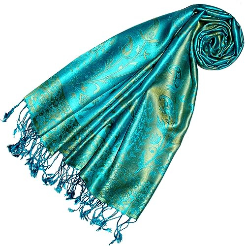 Lorenzo Cana Pashmina 78642 Foulard jacquard tissé 100 % soie Motif cachemire Turquoise Vert clair, Turquoise/jaune citron, 70 x 190 cm