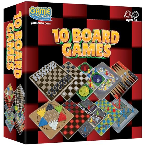 Gamie 10 Board Games Set, Classic Family Games for Kids and Adults, Includes 5 Double Sided Playing Boards with Backgammon, Chinese Checkers, Snakes and Ladders, Sorry, Draught, Racing, Chess and More