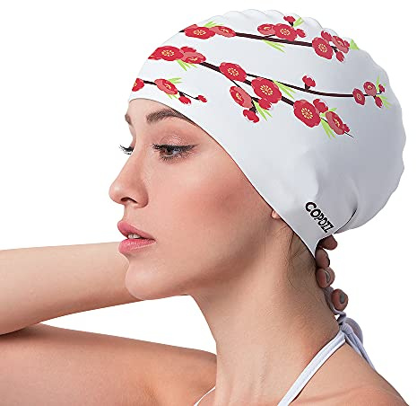 COPOZZ Women‘s Swim Cap for All Hair - Large, Comfortable Silicone Swimming Cap, Waterproof Design for Long, Short, Thick & Curly Hair | Secure & Comfortable Fit (Plum Blossom-12yrs+)