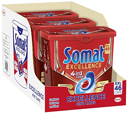 Somat Excellence 4in1 Caps, XXL Pack, Spülmaschinentabs in 100 % wasserlöslicher Hülle, Somat Caps für exzellente Reinigung & Glanz in recyclingfähiger Verpackung (138 (3 x 46) Tabs)