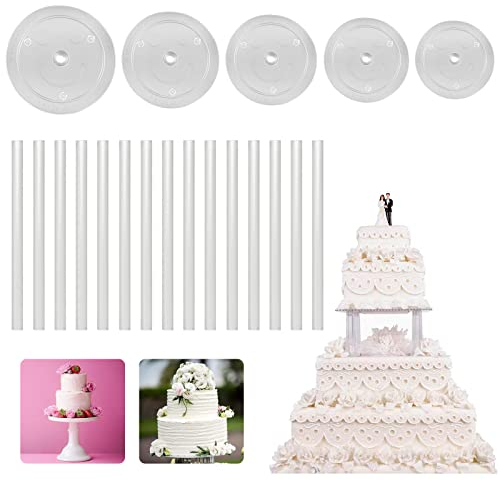 mellystore Support à Gâteau Rond 5pcs Goujons à Gâteau en Plastique Ensemble de Supports à gâteau Multicouches Plateaux de Séparation de Gâteau Planches à Gâteaux pour Fête Danniversaire Mariage