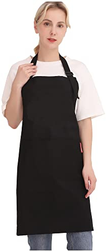 Professional Adjustable Black 100% Cotton Apron with 2 Pockets Cooking Kitchen Chef Women Men Aprons for Home Kitchen, Restaurant, Coffee House, Baking Gardening BBQ