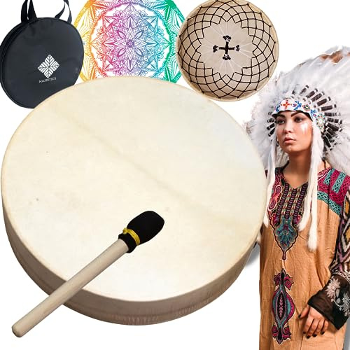 Tamburo sciamanico nativo americano in legno e pelle di capra 30 cm, fatto a mano, per rituali sciamanici e meditazione + Mailloche