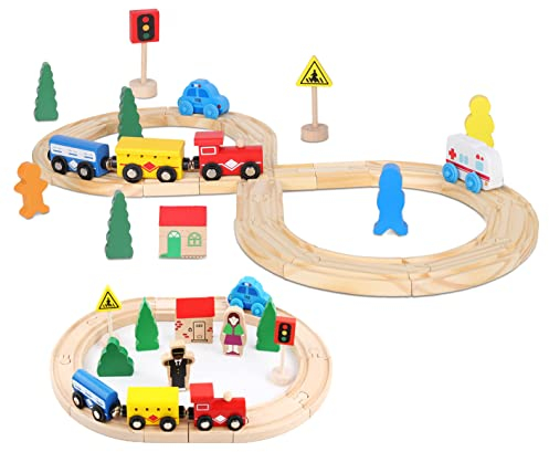 Holzeisenbahn-Spielzeuge für Kleinkinder, 33-teilige Magneteisenbahn mit Holzschienen, Passt für Thomas, Brio, Holzschienen-Set, Eisenbahnspielzeug, Geschenke für 3 4 5 6 jährige Mädchen & Jungen