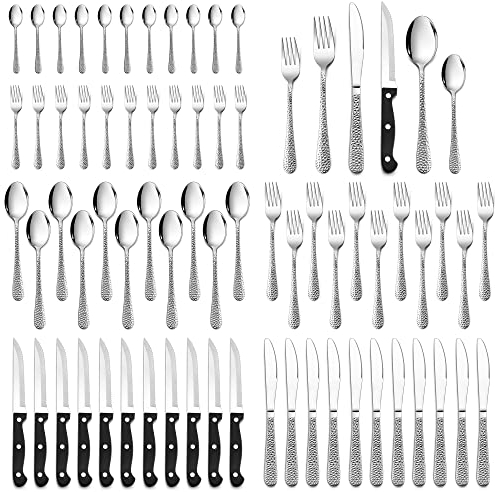 Besteck Set, HaWare 72-teiliges Edelstahl Besteckset mit Steakmesser für 12 Personen, Modernes Essbesteck Set mit Hammergriff, Messer Gabel Löffel Set für Zuhause/Restaurant, Spülmaschinenfest