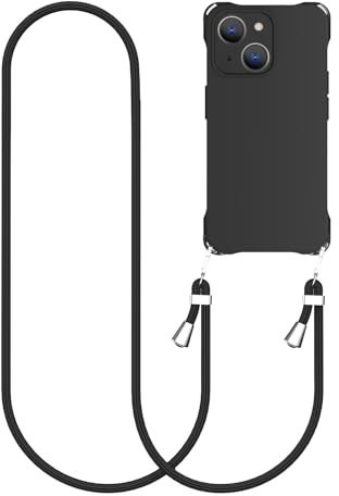 CAROKI Crossbody iPhone 14 Case, Lanyard Protective Liquid Silicone Case with Adjustable Length Detachable Lanyard Rope Shockproof Hands-Free Phone Cover for iPhone 14 6.1-Black