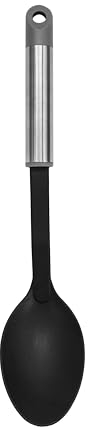 Fackelmann Mode - Cucchiaio da portata, cucchiaio da cucina, in plastica PBT antiaderente, manico in acciaio inox con anello per appenderlo, 33 x 7,2 x 2,5 cm, nero, grigio e argento