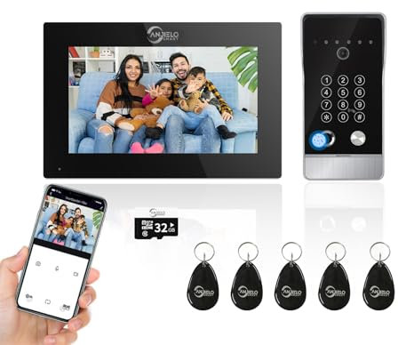 ANJIELO SMART Tuya Video Doorbell Apartment Intercom System,WiFi 7 Inch Touch Screen Monitor with Wired 1080P doorbell, 5 in 1 Unlock, Support Fingerprints, RFID Cards, Passwords,for Home Villa