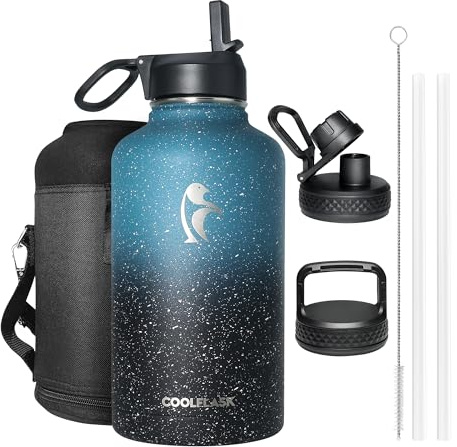 Coolflask Isolerad vattenflaska 2 l, halv gallon, vattenkanna med sugrör och 3 lock, stor isolerad vattenflaska, vakuumvattenflaska i rostfritt stål för sport och resor, stjärna indigo svart