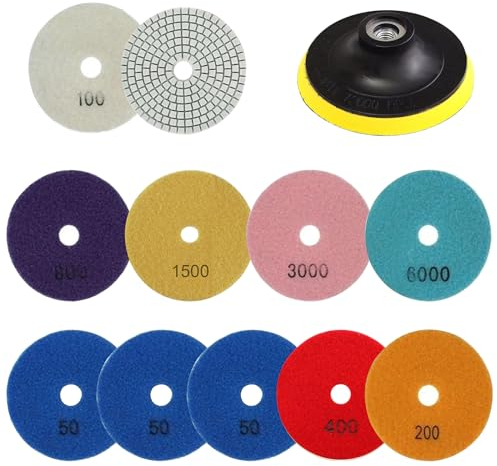 Skibetfo Set of 12 Diamond Polishing Pads 4 Inch with M14 Backer Pad,100mm Wet/Dry Tile Polishing Pads for Granite Concrete Marble Stone Quartz,50-6000 Polishing Grit Pads for Grinder Polisher