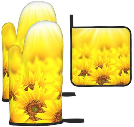 Yellow Sunflowers Heat-Resistant Oven Gloves And Pot Holders.With Lanyard,Waterproof And Durable. Used In Kitchen,Barbecue And Baking.