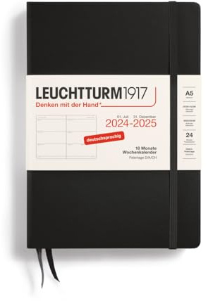 LEUCHTTURM1917 370625 Wochenkalender Medium (A5) 2025, 18 Monate, Schwarz, Deutsch