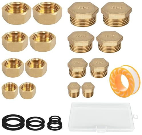 WISIRENT 16 Piezas Tapón de Latón, Tapa de Latón Hexagonal con Roscas Internas y Externas 1/8 1/4 3/8 1/2 In, Tapón Ciego Tapones para Tuberias de Agua con Caja Almacenamiento
