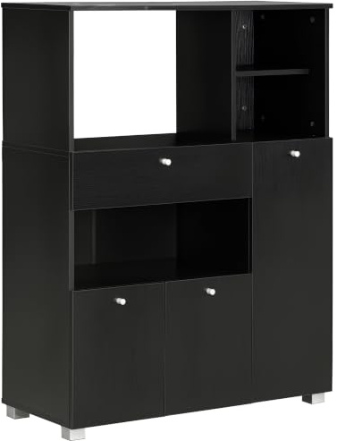 HOMCOM Meuble de Micro-Onde Buffet 2 Placards 90L x 40l x 120H cm Noir | Armoire Cuisine, Meuble de Rangement Multi-Rangements, 4 Niches, Tiroir Coulissant, en Bois