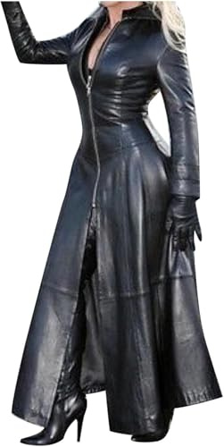 Mfhmom Damen Schwarzer Langer Ledermantel Elegant Damen in Voller Länge Kunstlederjacke Mantel lang Damen Kunstledermantel Reverskragen Knopfleiste/Reißverschluss Steampunk PU Mantel Trenchcoat