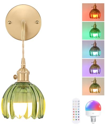 Shenmoyl Battery Operated Wall Sconce with Green Tulip Shade Pattern Glass Adjustable Chain Retro Gold Wall Mounted Light, Modern Wall Lamp Fixtures Decor for Bedside Bedroom Indoor Doorway