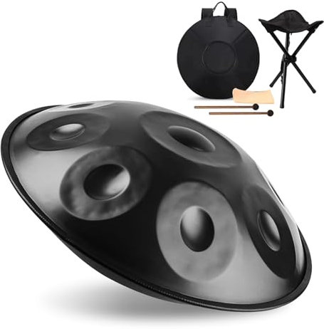 Handpan Trommeln in d Moll mit Handpan Ständer 9/10/12 Noten 56cm Stahl Perkussionsinstrument 432HZ/440HZ Hand Pan für Klangheilung Persönliche Meditation YOG(12NOTES-Black,440HZ)