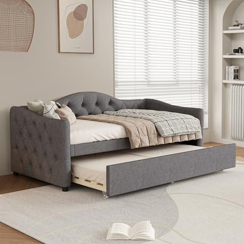 Wyibwy Tagesbett 90 x 200 cm, Schlafsofa mit Ausziehbett, Einzelbett mit Rückenlehne und Lattenrost, aus Leinenstoff, für Erwachsene und Kinder, ohne Matratze, Grau