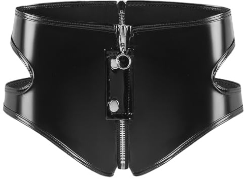 Maeau Lädershorts för kvinnor, glitter, snäva hotpants, latex, korta byxor, dragkedja, urholkning, shorts, klubbkläder, stretch, wetlook, minishorts, EU XS-XL (Asie M-3XL), svart, L