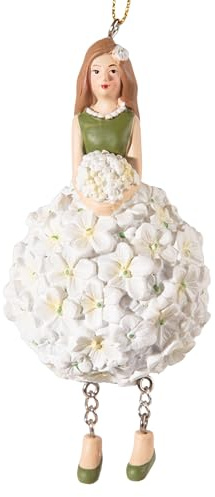 Fiorista ragazza-figura ortensie bianche con gambe a pendolo, 12 cm di altezza, dipinta a mano, in resina, decorativa con motivo di ortensie