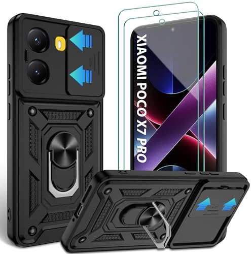 Jshru Handyhülle für Xiaomi Poco X7 Pro Hülle mit 2 Stück Schutzfolie Militärisch Stoßfest Schutzhülle Kameraschutz Schutz, 360° Ring Ständer Kratzfest Case für Xiaomi Poco X7 Pro,Schwarz
