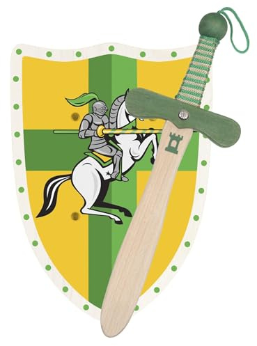 Spada e Scudo Cavaliere o Drago in Legno Fatti a Mano - Giocattolo per Bambino, Bambina e Bambini - Complemento per Giochi, Giochi Imitazione, Costume, Medievale, Guerriero, Festa (Cavaliere - Verde)