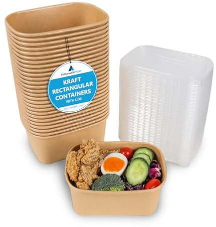 Nationwide Paper 1000ml Kraft Brown Food Containers with Lids, 100-Pack Eco-Friendly Takeaway Lunch Boxes for Restaurants, Street Food, and Party Use