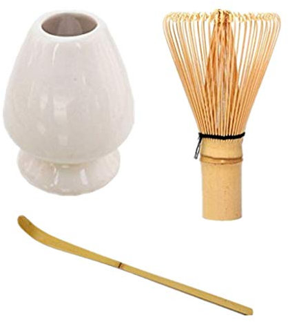 Lot de 3 services à thé matcha en bois, support en céramique, cuillère à thé, outil à thé matcha japonais (couleur / A)