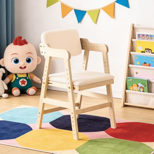Hochstuhl aus Holz, aus hochwertigem Buchenholz, Stabil & Sicher bis 91 kg,Lehrstuhl, höhenverstellbarer Holzhochstuhl für kinder von 2 bis 12 Jahren (48 x 46 x 78 cm – Beige (1 Stück))